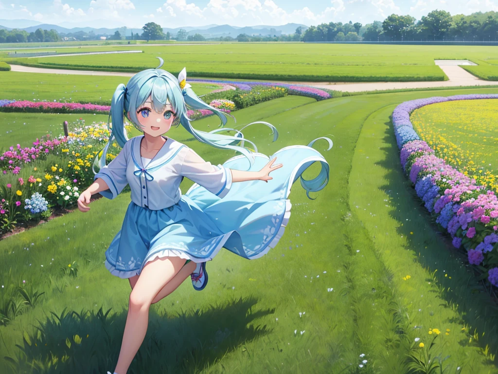 Light blue long hair、beautiful girl with twin tails、Bright smile、Wear a hat, The girl is running through a green field full of flowers。My dog also enjoys running with me.。.、Large in the center、Looking into the camera、