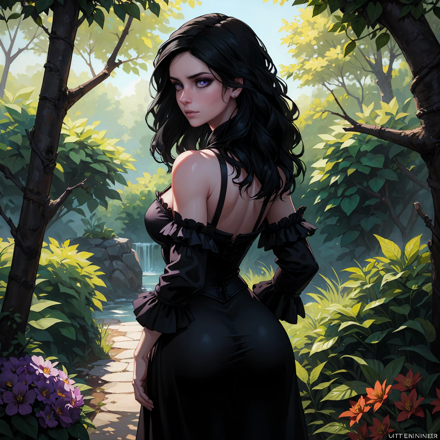 ((ultra detailed, masterpiece, best quality)) W3Yennefer, 1girl, solo, purple eyes, dress, in a lush jungle with vibrant flowers, from behind, looking back