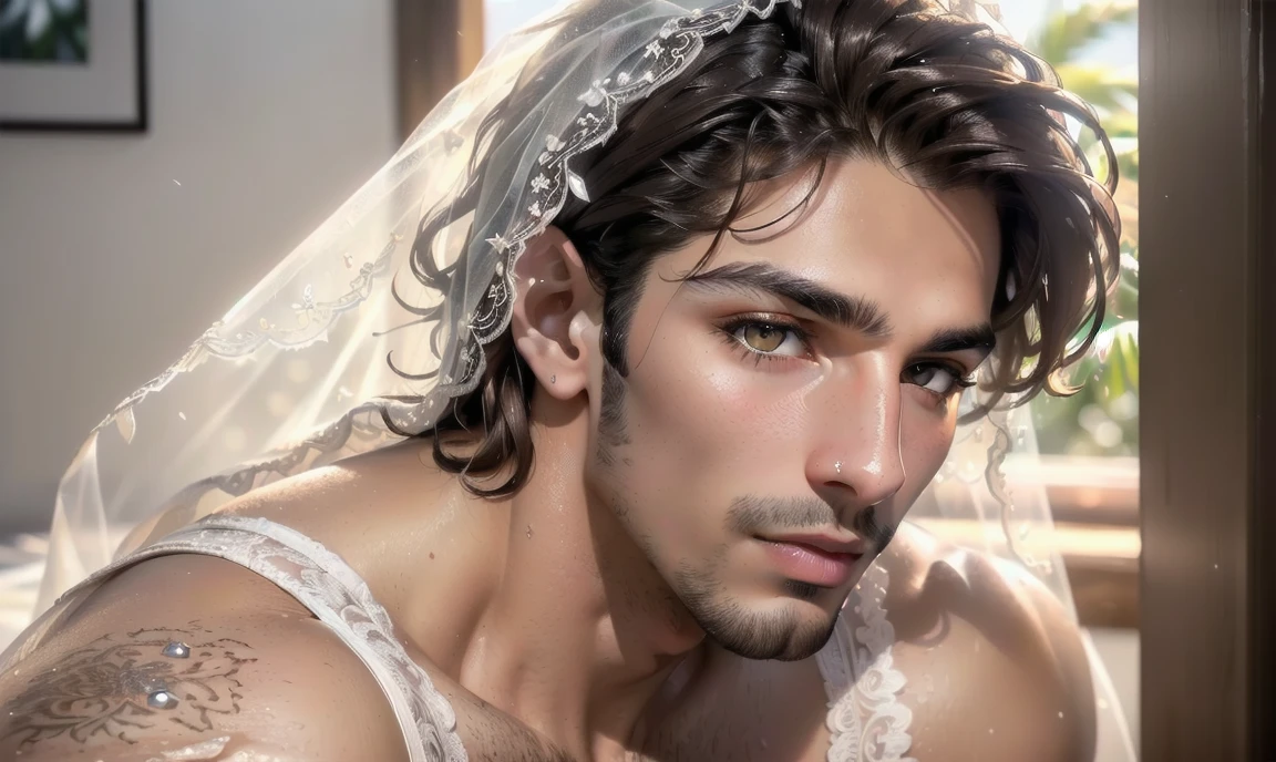 "((highly detailed, detailed eyes, detailed face, clear and realistic facial features, photorealistic, realistic light; cinematic)), (1 man), ((((summer home background)))), (((23-year-old male))), (((seductive sexy enigmatic gorgeous Iranian male model))), ((((acting enticing)))), ((seductive expression)), (((blushing))), ((dark brown eyes)), (((((dark Iranian skin))))), ((sexy ethnic Iranian man)), ((((mysterious eyes)))), (((long dark-brown natural eyelashes))), (((clean-shaven face))), ((white bridal veil)), ((white bride's lingerie)), (((posing seductively))."
