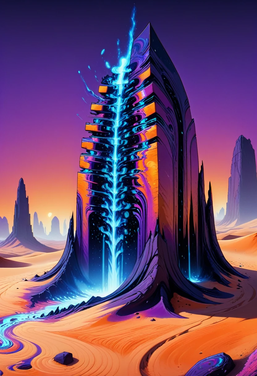 Concept art scenery, ((Majestic Onyx Midnight)) Desert Mirage Altar, Crushed into sand and light, Sunset Colors, Warm orange and cool purple, The elusive feeling of magic, Digital Desert Art, Detailed thermal deformation and sand texture, Ultra-high resolution
. Digital Art, Descriptive, Picturesque, Matte Paint, Very detailed