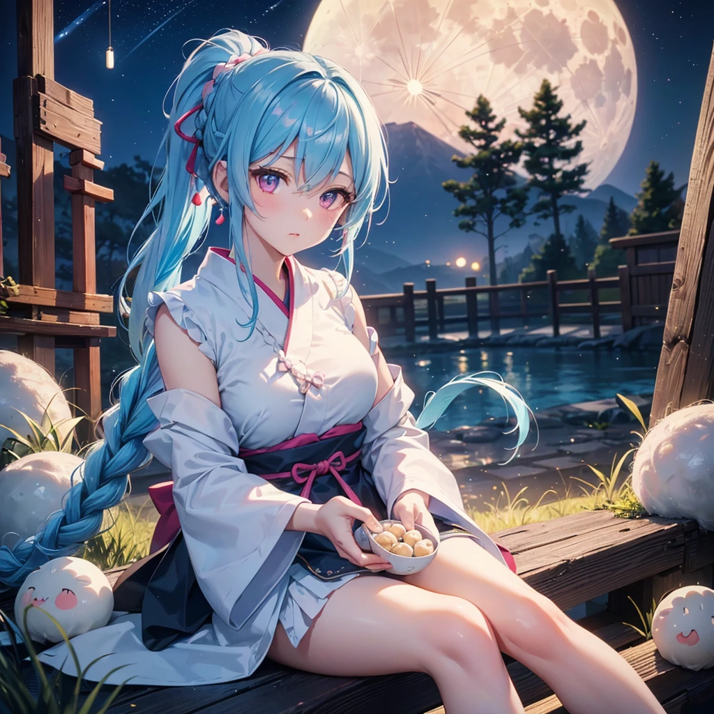 Sky blue hair, (Braided Ponytail:1.2), Pink eyes,Fair skin ,(whole body),(One Girl),Tsukimi,(White sweet dumplings ),White round dumplings,Japanese pampas grass,(beautiful, Full moon shining in the night sky),(masterpiece, Highest quality, Very detailed, Best Shadow), (Detailed Background), (Beautifully detailed face), High Contrast, (Best lighting, Very delicate and beautiful), ((Cinematic Light)), colorful, Hyper Detail,8k, Dramatic Light, Intricate details,Sit and eat dumplings while watching the moon,(Shadow of a rabbit on the moon),mysterious