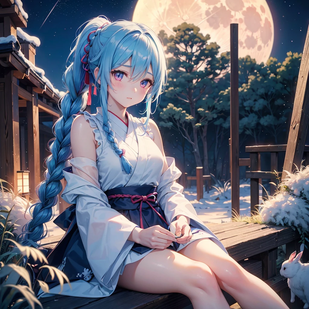 Sky blue hair, (Braided Ponytail:1.2), Pink eyes,Fair skin ,(whole body),(One Girl),Tsukimi,(White sweet dumplings ),White round dumplings,Japanese pampas grass,(beautiful, Full moon shining in the night sky),(masterpiece, Highest quality, Very detailed, Best Shadow), (Detailed Background), (Beautifully detailed face), High Contrast, (Best lighting, Very delicate and beautiful), ((Cinematic Light)), colorful, Hyper Detail,8k, Dramatic Light, Intricate details,Sit and eat dumplings while watching the moon,(Shadow of a rabbit on the moon),mysterious