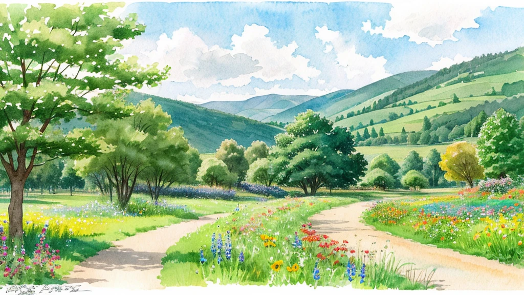 Watercolor painting of a summer landscape, gentle, flowing transitions, bright and transparent colors. Wide green meadows with blooming wildflowers in vibrant colors, a clear blue sky with soft clouds, radiant sunshine. In the background, gentle hills and a calm river flowing through the landscape. A few shade-giving trees with deep green leaves and delicate branches. An idyllic, peaceful atmosphere with a path winding through the meadows, occasionally people hiking or picnicking. Warm and cheerful tones, light, transparent layers that emphasize the summery character.