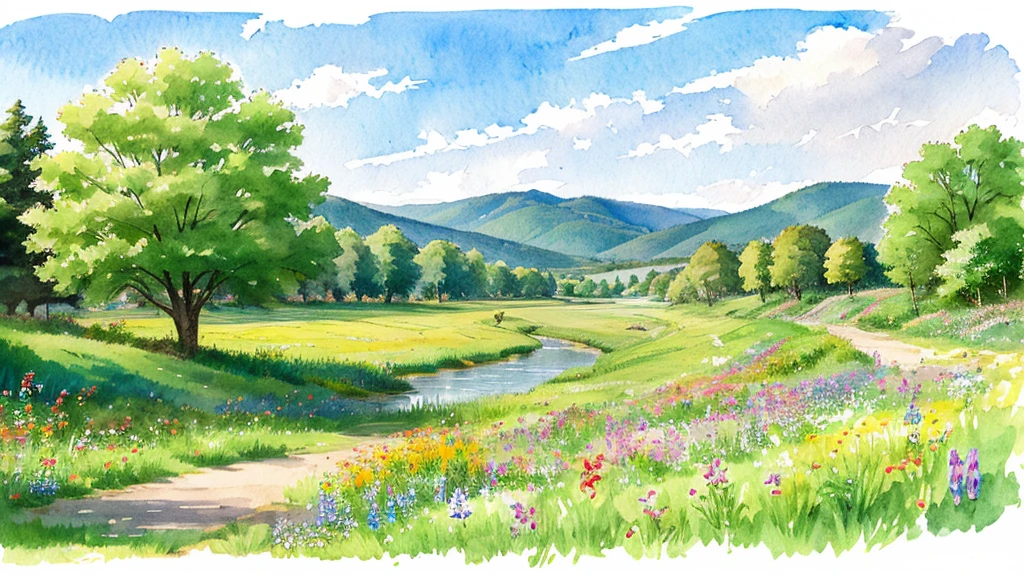 Watercolor painting of a summer landscape, gentle, flowing transitions, bright and transparent colors. Wide green meadows with blooming wildflowers in vibrant colors, a clear blue sky with soft clouds, radiant sunshine. In the background, gentle hills and a calm river flowing through the landscape. A few shade-giving trees with deep green leaves and delicate branches. An idyllic, peaceful atmosphere with a path winding through the meadows, occasionally people hiking or picnicking. Warm and cheerful tones, light, transparent layers that emphasize the summery character.