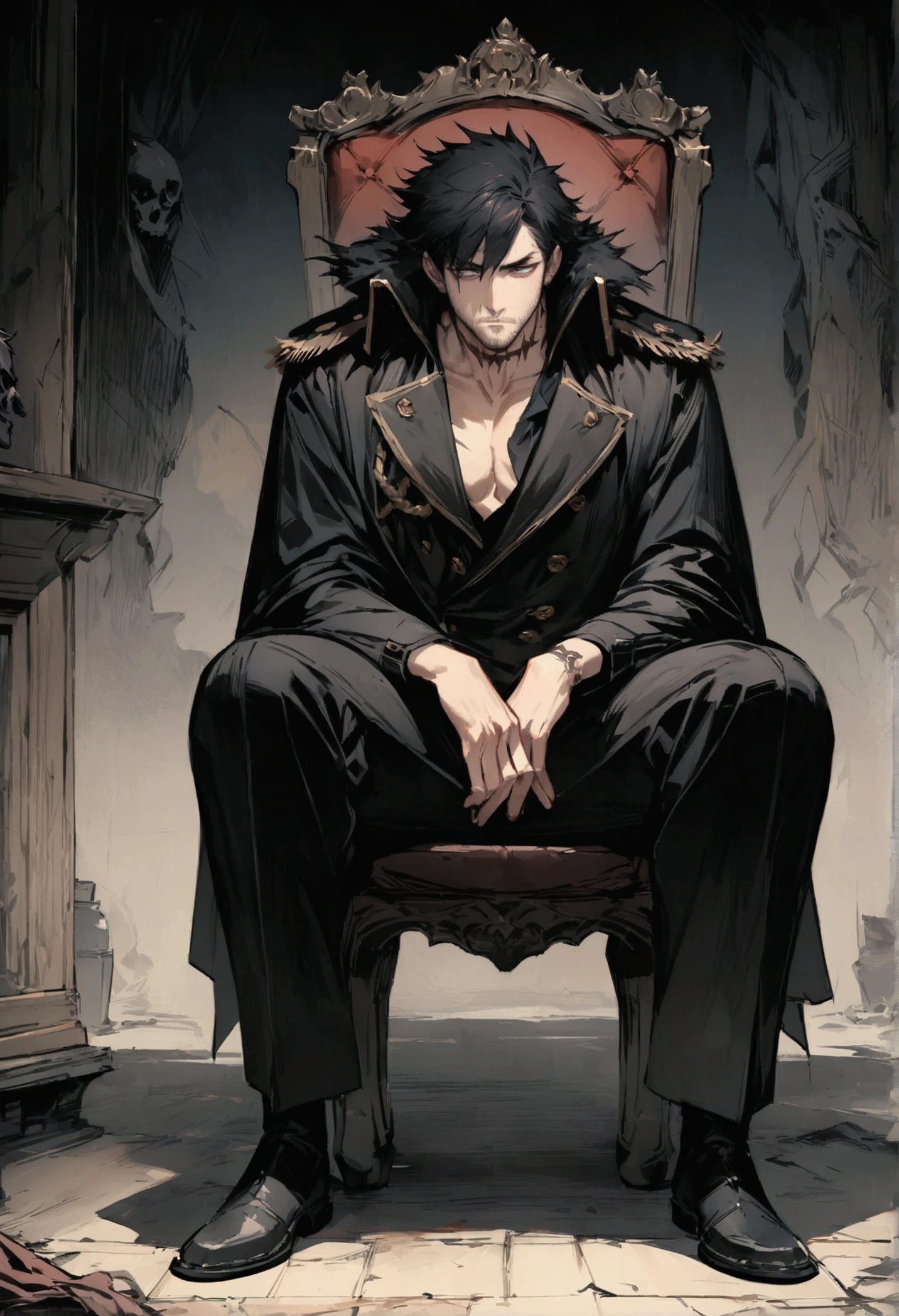 "full body" , "sitting on chair" "lean physique" ,"concept art," , "high detail", "high-res", "ominous aura,", "8k resolution", "oil painting", "darker tone" , "little saturation" ,"dark feeling", "concept art" , "detailed features" , "detailed eyes" (masterpiece), highest quality, "Expressive eyes", "male", "short stubble on chin", "full body", "colored image" , "sad features" , "depressed" , "long black hair" , "sunken features", "scar over eyebrow" ,"delinquent" , "bratty" ,"tattooed neck" ,"highest quality", "Expressive eyes", "Perfect Face", (masterpiece), "highest quality"