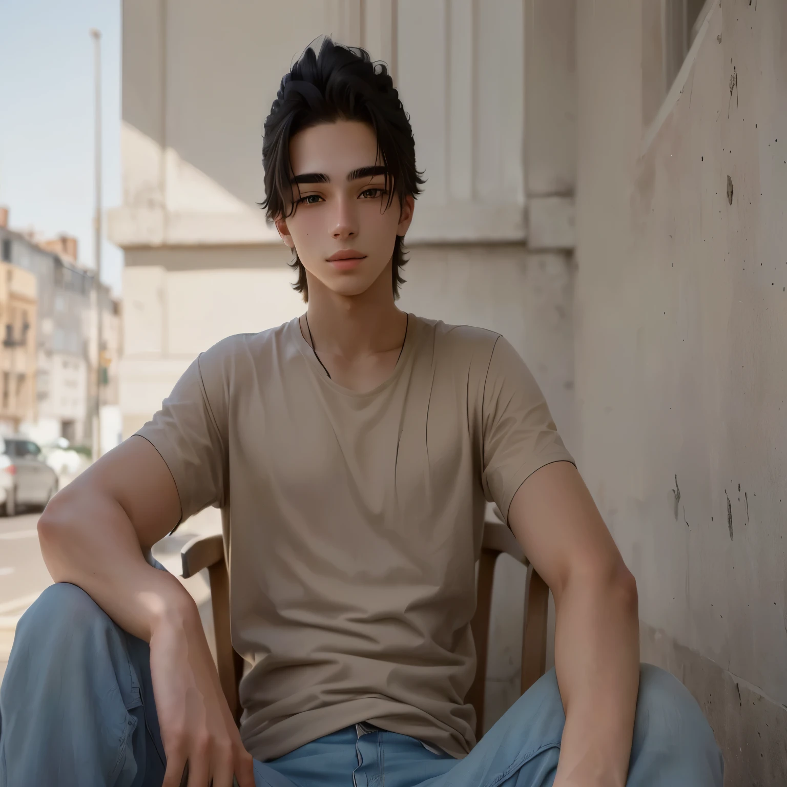 sharp young man sitting on a chair in front of a building, tommy 1 6 years, beautiful young man, young greek, lean man with light tan skin, Young adult male, young spanish man, I agree with you, beautiful young man, he is about 20 years old, he is about 20 years old, beautiful young man