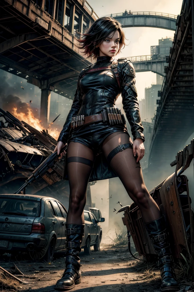 (masterpiece, best quality:1.2), cowboy shot, solo, dynamic pose, 1girl, ruby rose, looking at viewer, military uniform,  pantyhose, standing under a bridge, next to wrecked vehicles, bonfire, crowd searching with rifles, (crowd in military unifom) night, stars, closed mouth, serious look, serious expression, post-apocalypse, dystopian future 