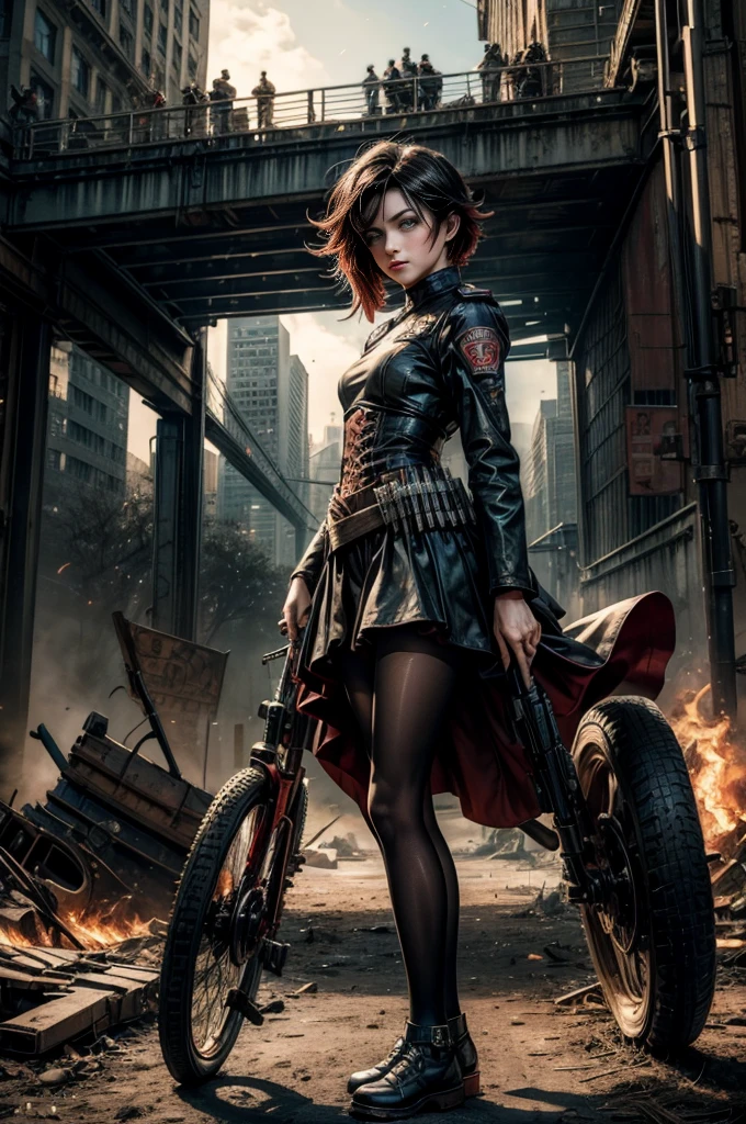 (masterpiece, best quality:1.2), cowboy shot, solo, dynamic pose, 1girl, ruby rose, looking at viewer, military uniform, pantyhose, standing under a bridge, next to wrecked vehicles, bonfire, crowd searching with rifles, (crowd in military unifom) night, stars, closed mouth, serious look, serious expression, post-apocalypse, dystopian future