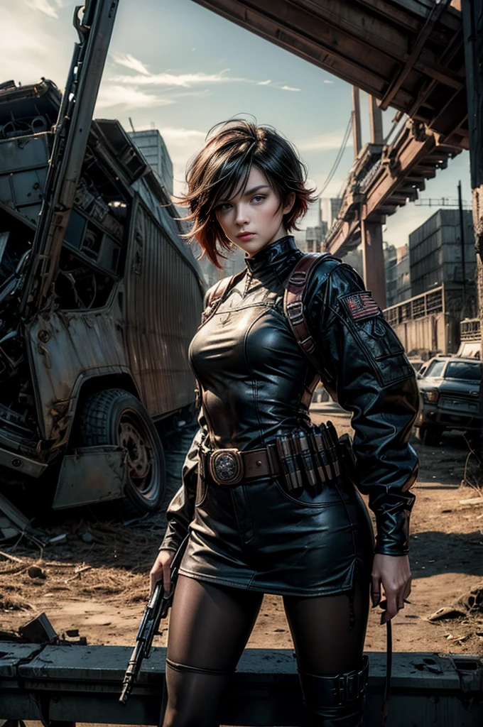 (masterpiece, best quality:1.2), cowboy shot, solo, dynamic pose, 1girl, ruby rose, looking at viewer, military uniform,  pantyhose, standing under a bridge, next to wrecked vehicles, bonfire, crowd searching with rifles, (crowd in military unifom) night, stars, closed mouth, serious look, serious expression, post-apocalypse, dystopian future 