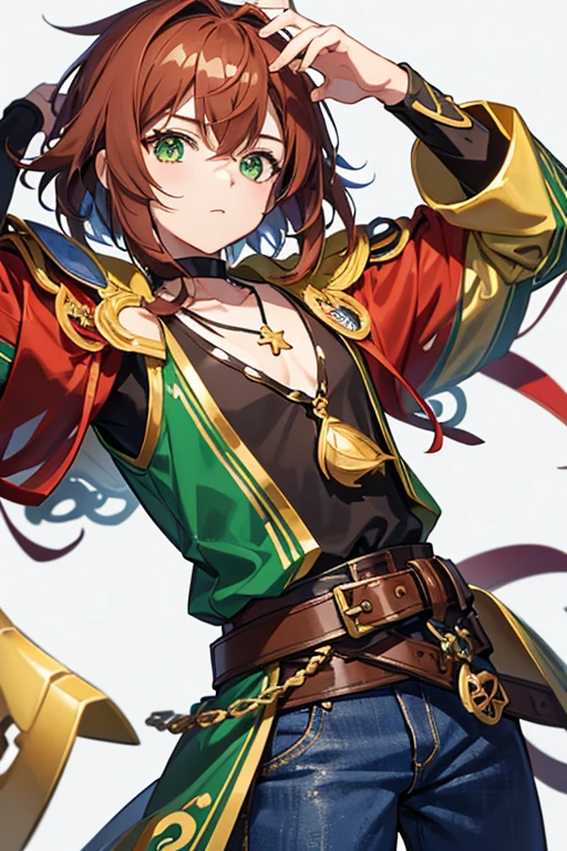 Xiao from Genshin Impact, boy, 16 years old, short reddish brown hair with strands in the bangs, green eyes, green open vest, black t-shirt with gold wings print, necklace with a gold cross, blue jeans, light brown belt, Looking at profile straight directly to viewer, white background.