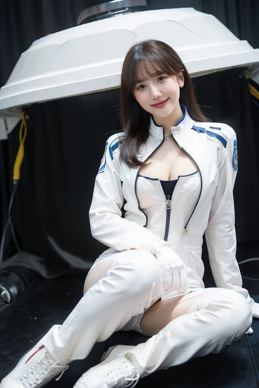 universe space、Spacesuit、Muchimuchi Beauty、Open the front zipper halfway、Cleavage、Gloss、High definition high quality、Photorealistic、4K resolution、Inside the spaceship、Tight、latex、White Gloves、boots、smile、