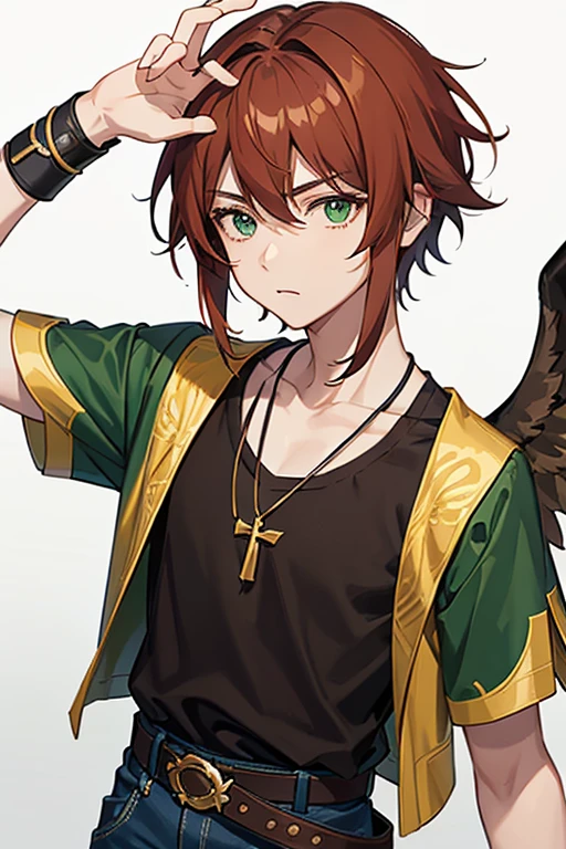Xiao from Genshin Impact, boy, 16 years old, short reddish brown hair with strands in the bangs, green eyes, green open vest, black t-shirt with gold wings print, necklace with a gold cross, blue jeans, light brown belt, Looking at profile straight directly to viewer, white background.