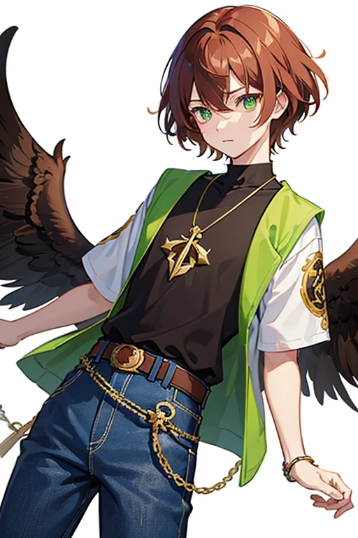 Xiao from Genshin Impact, boy, 16 years old, short reddish brown hair with strands in the bangs, green eyes, green open vest, black t-shirt with gold wings print, necklace with a gold cross, blue jeans, light brown belt, Looking at profile straight directly to viewer, white background.