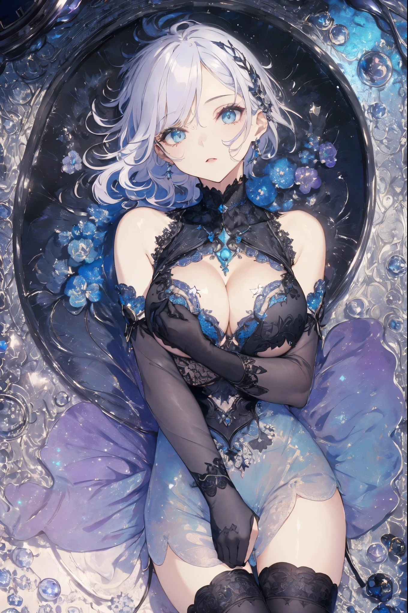 (boob photo:1.1, in blue waterfront:1.5), Masterpiece, best quality, (very detailed CG unity 8k wallpaper), (best quality), High definition RAW color art, Animation,sculptures, (black Marble Skin), (((Ultra detailed elegant))), Magical atmosphere, Detailed skin, Texture,(Intricately detailed, Fine detail, ultra-detail art), depth of fields, bokeh, Silky Touch, Hyper Detail, beautiful eyes, Elegant Face, (lying on black glass floor), sparkle background, enormous breast:1.3, (silver hair), pastel purple, embarrassing face, short hair