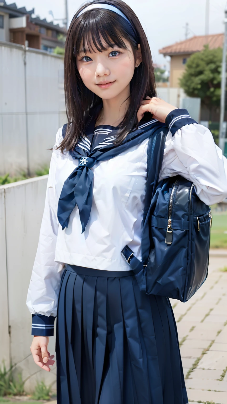 sailor uniform, One Woman, (Beautiful woman, delicate :1.3), Black Hair, bob cur hair, Patsun, 8k, Highest quality, masterpiece, Very detailed, Ultra-high resolution, Realistic, RAW Photos, Absolute Resolution, Black Hair, Navy blue sailor uniform, (Navy blue pleated skirt:1.4), Realistic high school girl, (White headband:1.4), Small breasts, expensive, Bright Blue Eyes, (In front of the school gate), smile, (standing pose:1.4), (one school bag on shoulder:1.4), (long skirt:1.4), slender female body, Blur the background, 