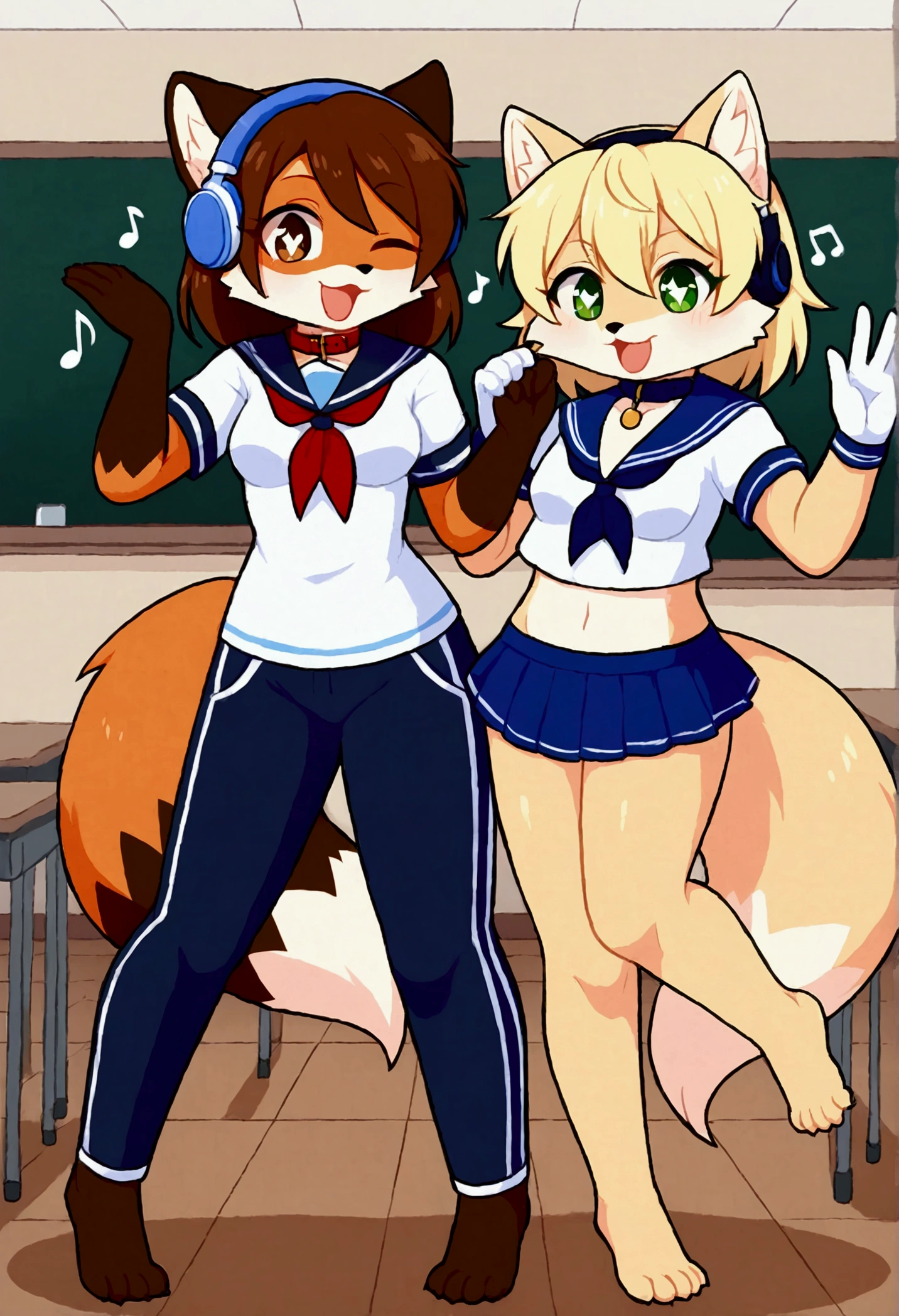 2girls, fox and tanuki, furry, bodyfur, tail, collar, sailor suit, short sleeves, jersey pants, long pants, white gloves, snow gloves, barefeet, chibi, sparkling eyes, full body, classroom, idol, singing, dancing, headphones