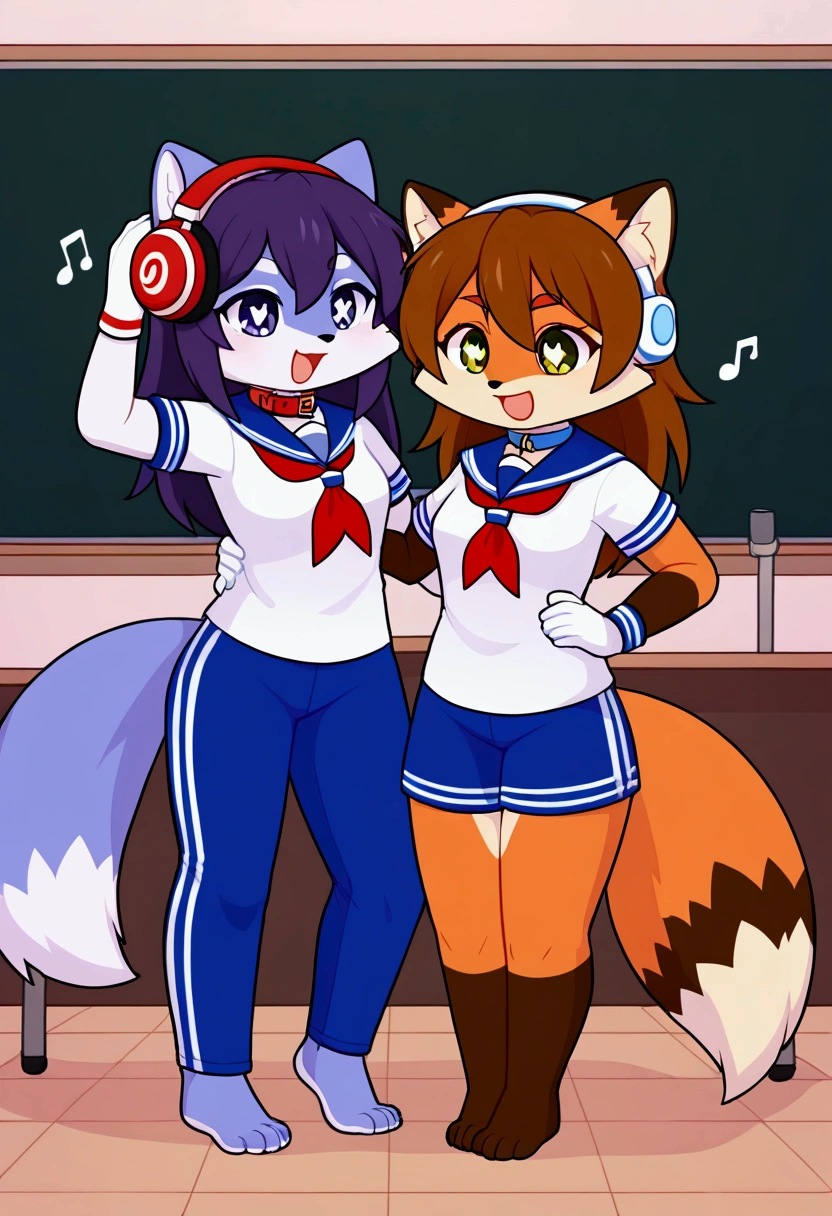 2girls, fox and tanuki, furry, bodyfur, tail, collar, sailor suit, short sleeves, jersey pants, long pants, white gloves, snow gloves, barefeet, chibi, sparkling eyes, full body, classroom, idol, singing, dancing, headphones