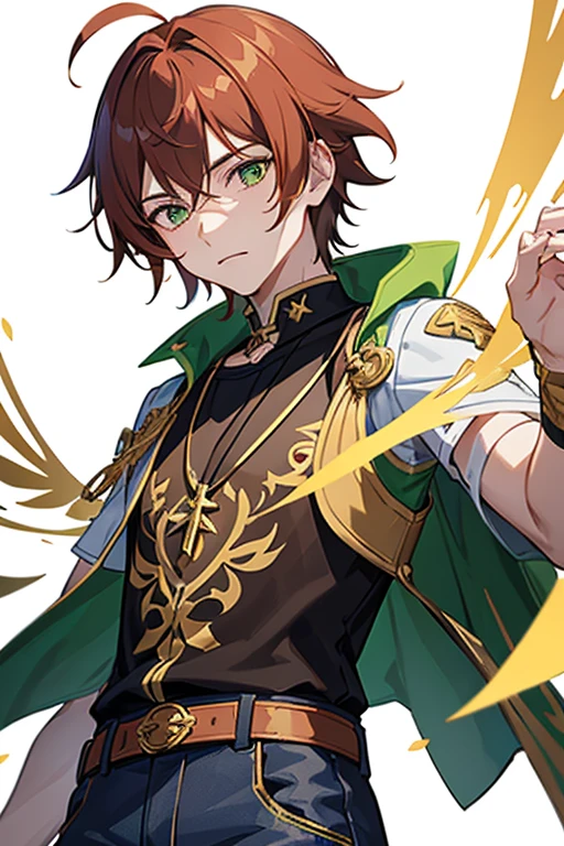 Xiao from Genshin Impact, boy, 16 years old, short reddish brown hair with strands in the bangs, green eyes, green open vest, black t-shirt with gold wings print, necklace with a gold cross, blue jeans, light brown belt, Looking at profile straight directly to viewer, white background.