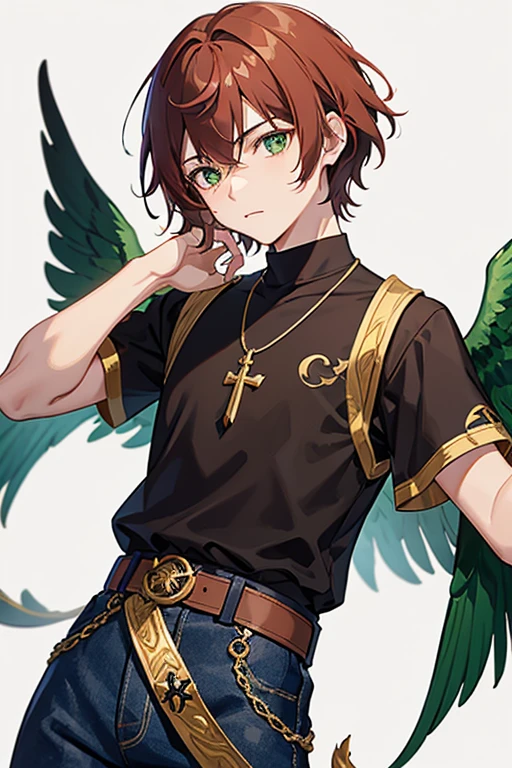 Xiao from Genshin Impact, boy, 16 years old, short reddish brown hair with strands in the bangs, green eyes, green open vest, black t-shirt with gold wings print, necklace with a gold cross, blue jeans, light brown belt, Looking at profile straight directly to viewer, white background.