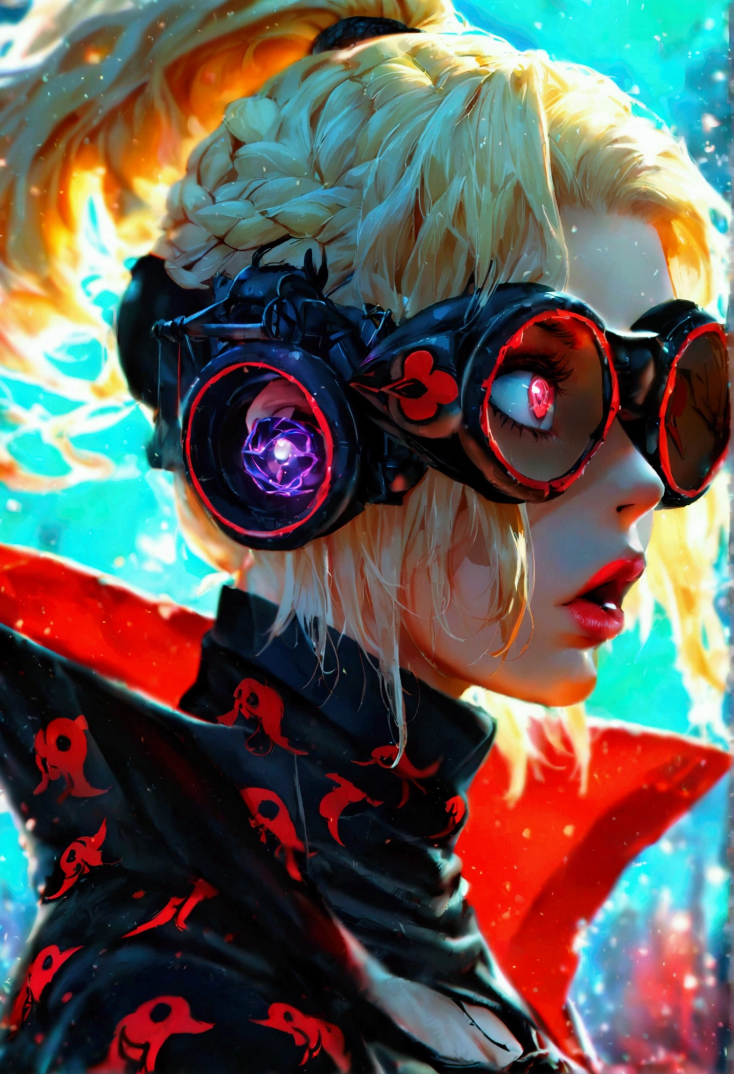 The female version of Deidara features long, wavy blonde hair styled in a high ponytail with a fringe covering her left eye, which has a targeting device for long-range combat. She has striking blue, almond-shaped eyes and wears the signature black Akatsuki cloak with red clouds, tailored to a more feminine silhouette. On her right index finger, she sports an Akatsuki ring with the kanji "青" (ao) meaning "blue." Unique to her design are mouths on her palms and a large mouth on her chest, revealed during battles, highlighting her explosive art abilities. She also has vibrant, slightly elongated nails, emphasizing her artistic nature.