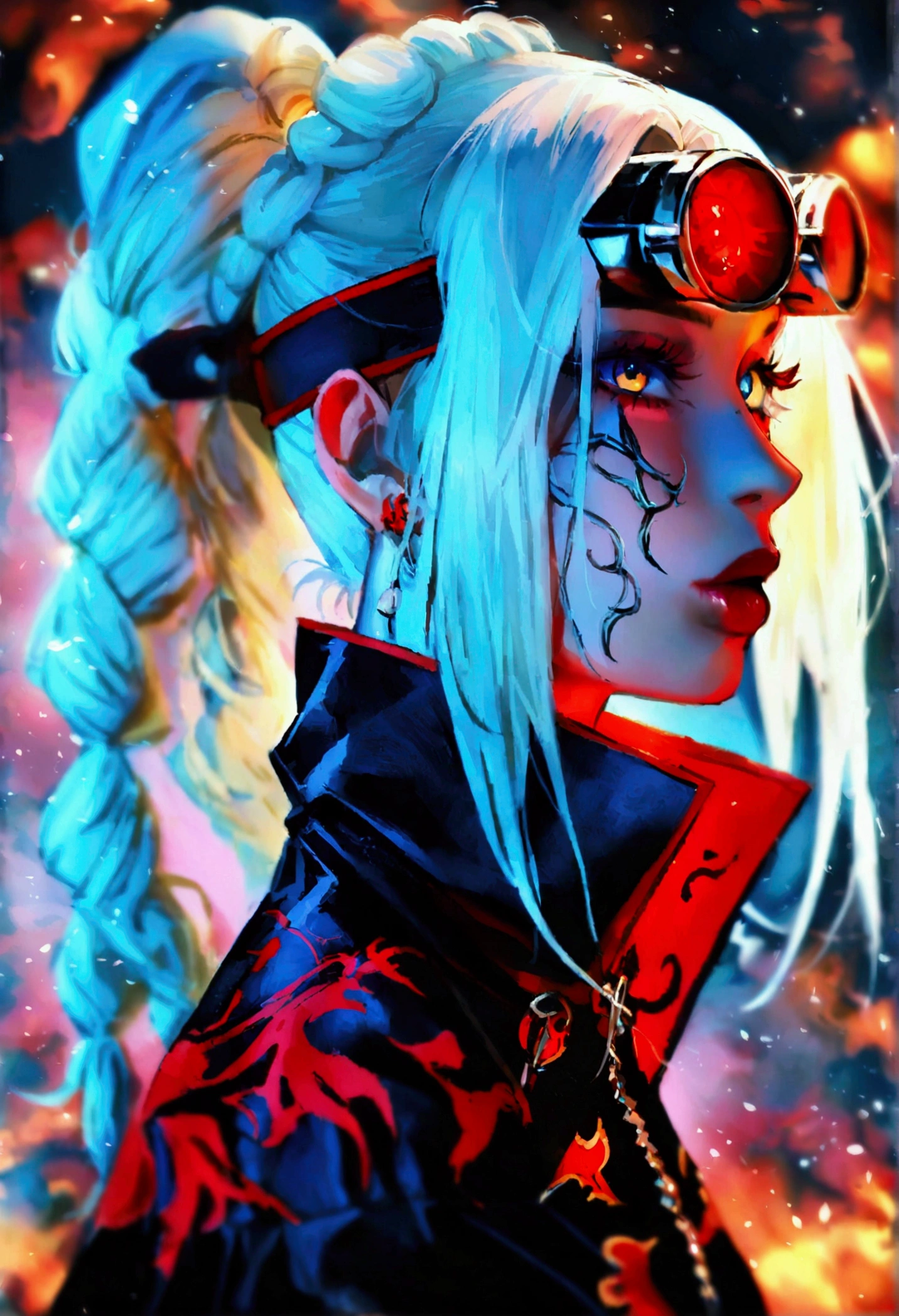 The female version of Deidara features long, wavy blonde hair styled in a high ponytail with a fringe covering her left eye, which has a targeting device for long-range combat. She has striking blue, almond-shaped eyes and wears the signature black Akatsuki cloak with red clouds, tailored to a more feminine silhouette. On her right index finger, she sports an Akatsuki ring with the kanji "青" (ao) meaning "blue." Unique to her design are mouths on her palms and a large mouth on her chest, revealed during battles, highlighting her explosive art abilities. She also has vibrant, slightly elongated nails, emphasizing her artistic nature.