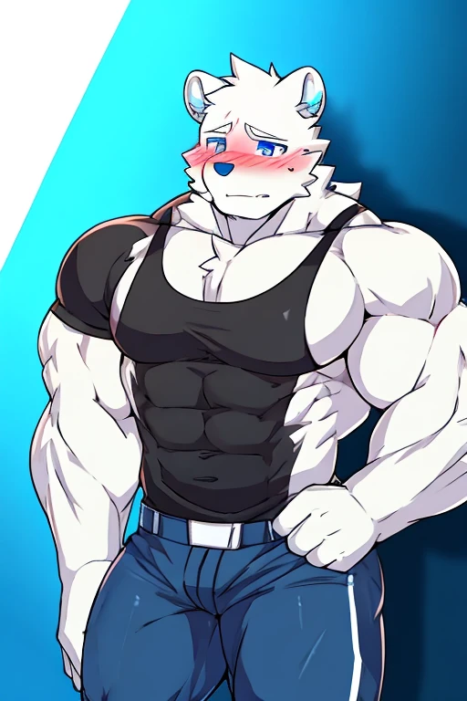 polar bone, muscular, blue eyes, with black sleeveless shirt, Blue pants, blushing