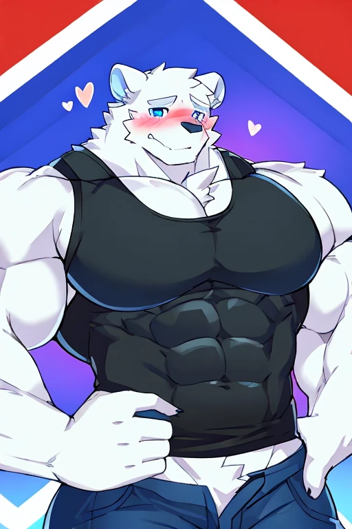 polar bone, muscular, blue eyes, with black sleeveless shirt, Blue pants, blushing