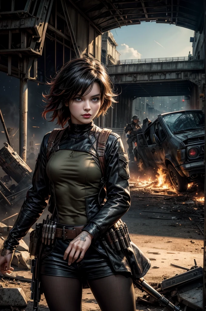 (masterpiece, best quality:1.2), cowboy shot, solo, dynamic pose, 1girl, ruby rose, looking at viewer, military uniform,  pantyhose, standing under a bridge, next to wrecked vehicles, bonfire, crowd searching with rifles, (crowd in military unifom) night, stars, closed mouth, serious look, serious expression, post-apocalypse, dystopian future 