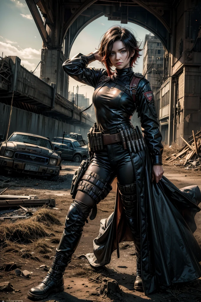 (masterpiece, best quality:1.2), cowboy shot, solo, dynamic pose, 1girl, ruby rose, looking at viewer, military uniform, pantyhose, standing under a bridge, next to wrecked vehicles, bonfire, crowd searching with rifles, (crowd in military unifom) night, stars, closed mouth, serious look, serious expression, post-apocalypse, dystopian future
