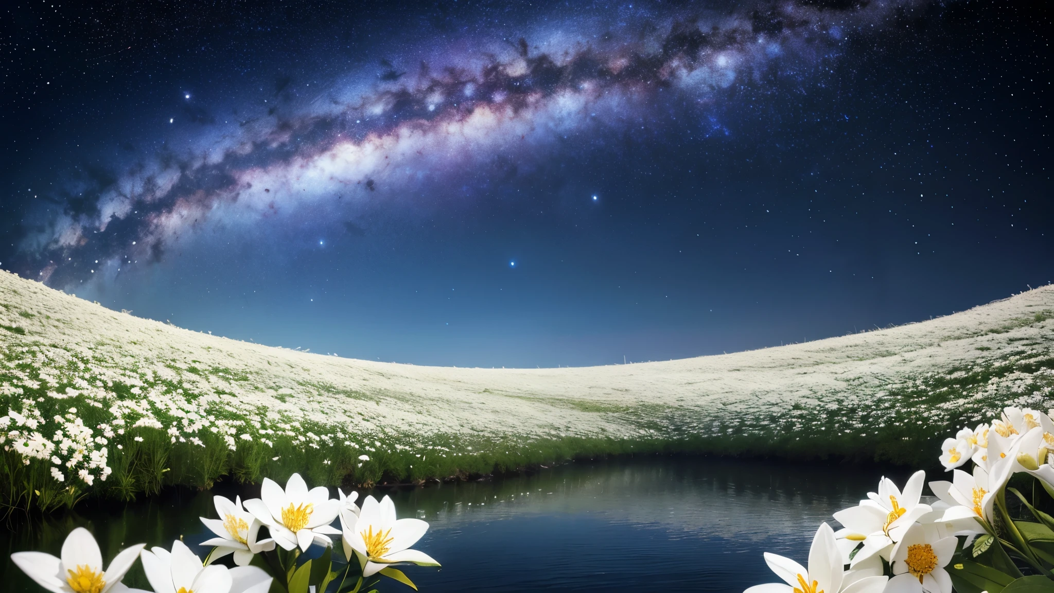 CG, unity, 8k, wallpaper, highest quality, masterpiece, best lighting, complex textile, detailed background, Landscape painting, Spectacular starry sky with the Milky Way visible, nebula, night, Effect of dancing petals, vast flower garden, quiet flower garden, nothing artificial, (white flowers: 1.5), beautiful, (Panoramic View: 1.2)