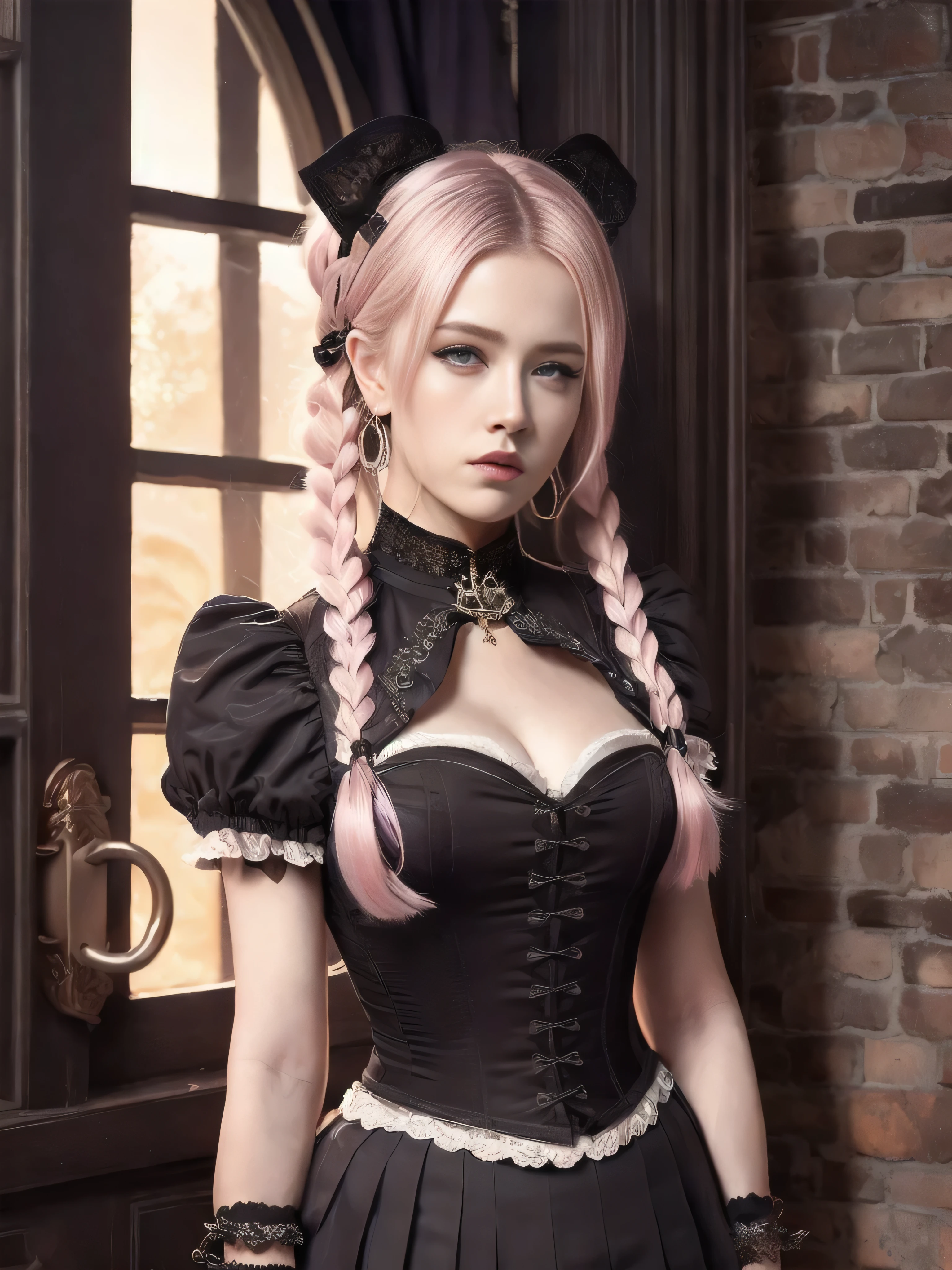 In a large mansion, in a steampunk world, in a sunset, back against the wall, gazing at the horizon, a -yeld wo, /(Pale white skin, long pink hair combed in two pigtails and a lock over the left eye, violet eyes,), /(Hourglass-shaped body, wide hips, small waist, shapely legs, big chest, small hands, thin fingers, Greek nose, almond-shaped eyes,), (Victorian style clothing: a black corset blouse covering the entire torso fastened with threads, thigh-length miniskirt with gray pleats and a knee-length back pigtail, black knee-high boots, head bow, finger rings, necklace, wrist cuffs,)