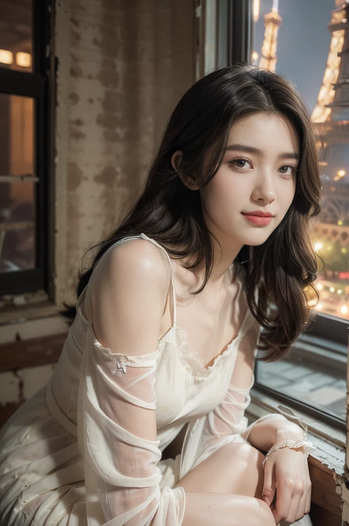 (((best quality))), (((ultra detailed))), (((masterpiece))), illustration,((a beautiful girl,solo)),(long straight bob:0.8),((slim,thin)),((small breasts,flat chest)),(torn tattered short-sleeved sheer nightgown:1.3), (delicate skin:1.2), ,(in dark dilapidated bedroom:1.3),(rundown hotel:1.3),((faded walls, peeling paint, dusty carpet)),(sitting on the rbed:1.3),((window, city view, weak lights)),(majestic Eiffel Tower:1.3),(smile:1.2), tranquility, rough surroundings, edgy beauty,detailed eyes, hidden fire, soul,(summer:1.2),(night scene:1.3),((from front,upper body))