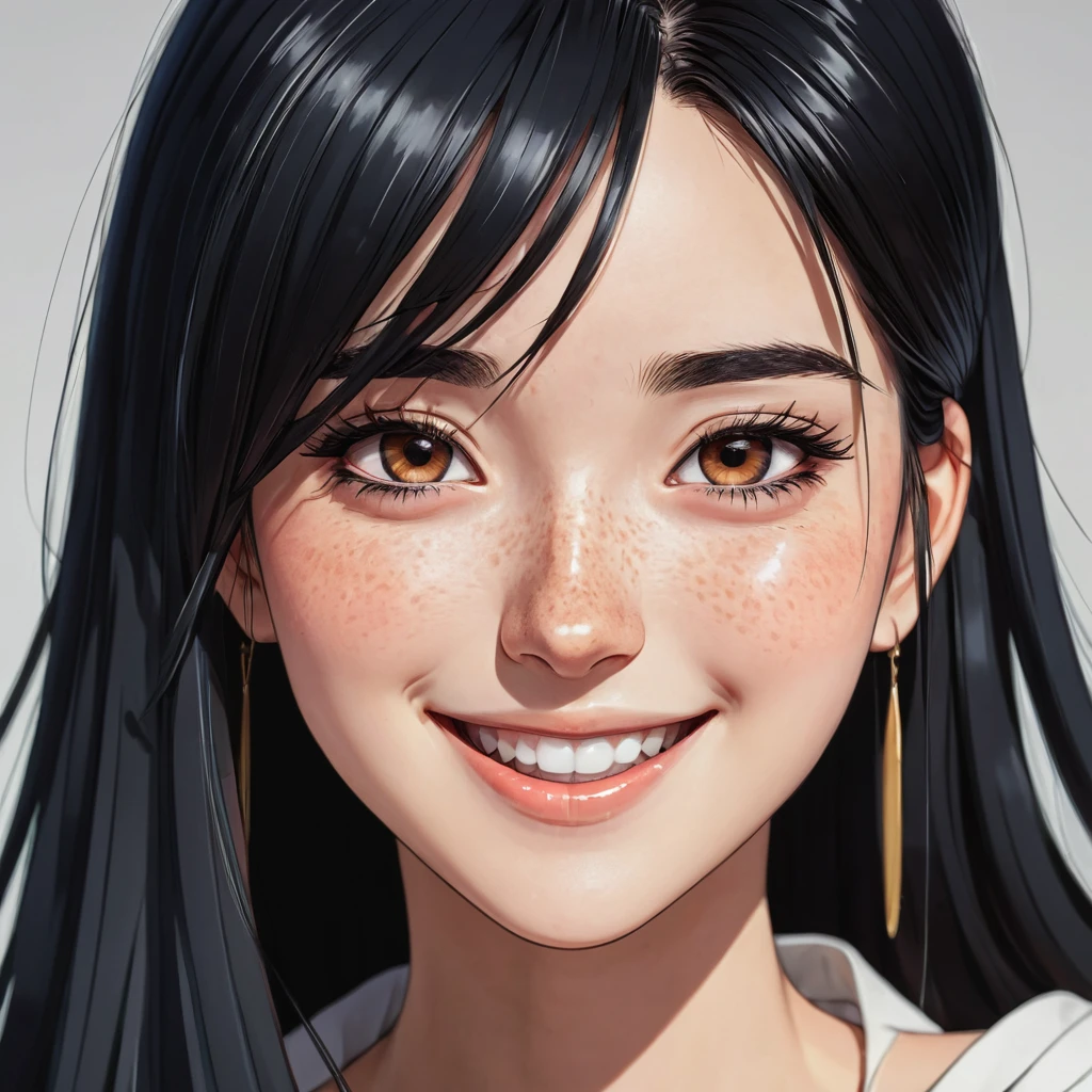 Masterpiece, best quality, {best quality}, {{masterpiece}}, {highres}, focus, anime style, a closeup of a cartoon of a woman, girl design, portrait, giesha, anime image, long hair, black hair, straight eyes, hair covering ears, happy, polished and powerful look, exotic, tall, freckles, smiling, chic clothing  