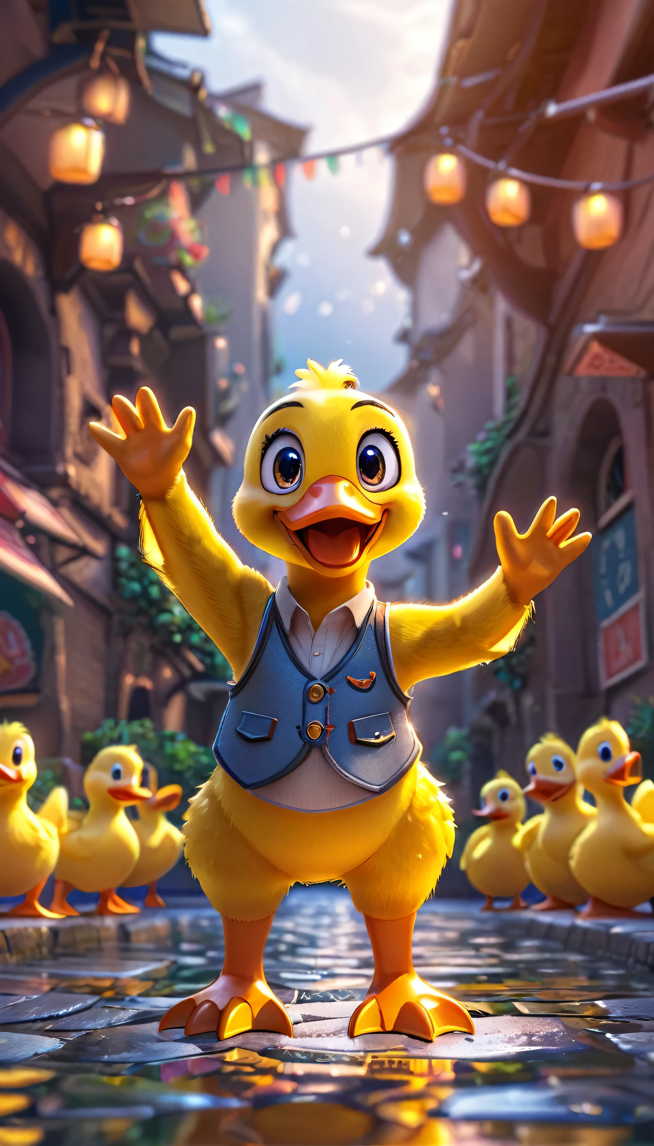 cute yellow duck, cartoon , arms up, hands ,cute eyes, looking at viewer, full body, legs, reflex, yellow duck