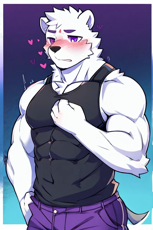 polar bone, muscular, purple eyes, with black sleeveless shirt, purple pants, blushing