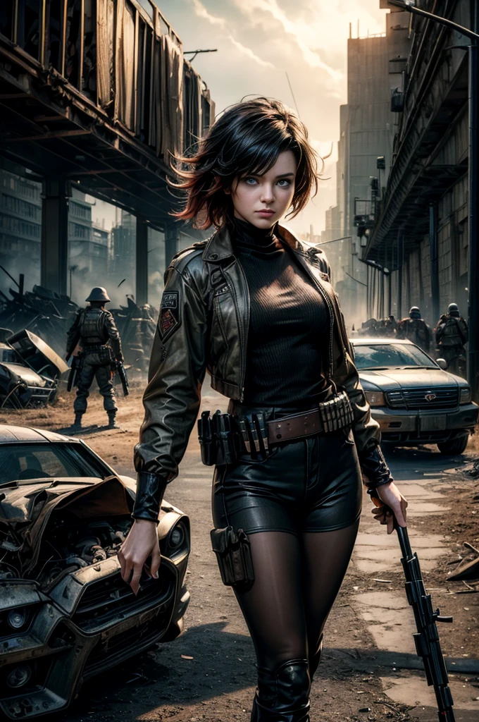 (masterpiece, best quality:1.2), cowboy shot, solo, dynamic pose, 1girl, ruby rose, looking at viewer, military uniform, pantyhose, standing under a bridge, next to wrecked vehicles, bonfire, crowd searching with rifles, (crowd in military unifom) night, stars, closed mouth, serious look, serious expression, post-apocalypse, dystopian future