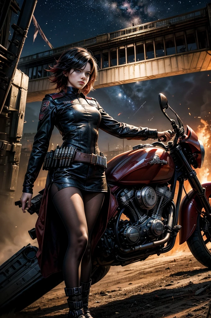 (masterpiece, best quality:1.2), cowboy shot, solo, dynamic pose, 1girl, ruby rose, looking at viewer, military uniform,  pantyhose, standing under a bridge, next to wrecked vehicles, bonfire, crowd searching with rifles, (crowd in military unifom) night, stars, closed mouth, serious look, serious expression, post-apocalypse, dystopian future 