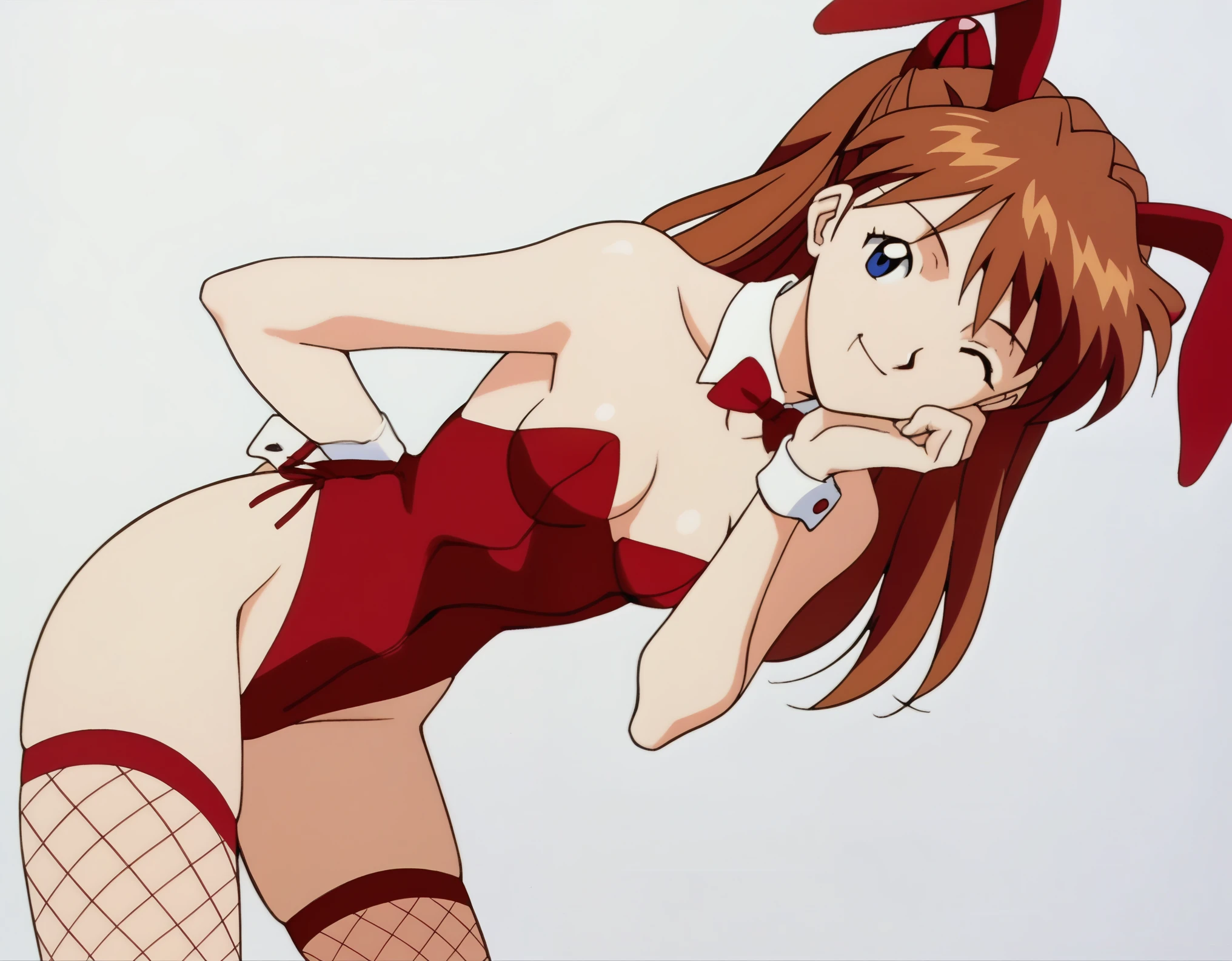 score_9, score_8_up, score_7_up, source_anime, retro artstyle, official_style, asuka langley, 1girl, white background, bunny girl suit, cleavage, very small breasts, fishnet stockings, sexy pose, hand on face, smile, looking at viewer, wink, sticking ass out, cowboy shot, dutch angle, star, standing, leaning forward,