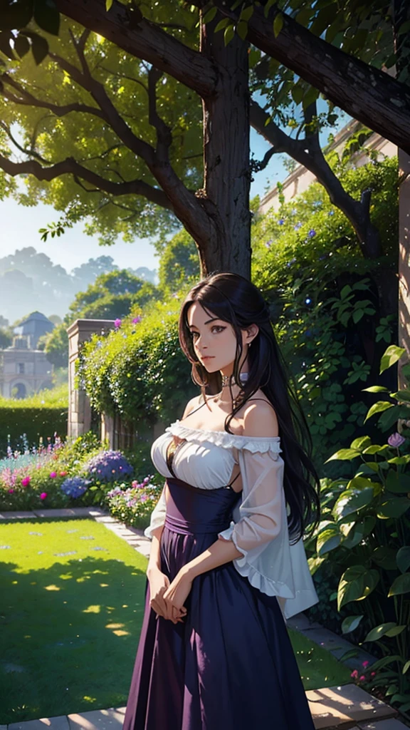 Capture Lorena standing in the center of a lush garden at sunset, holding a deep purple rose. Use a wide shot to showcase the garden and palace in the background. Employ a close-up to highlight her expressive eyes, and an over-the-shoulder shot to show her introspective gaze towards the ocean. Use low and high angles to emphasize her regal presence and the vastness she oversees. Incorporate a Dutch angle for a sense of timelessness and a tracking shot to depict her graceful movement through the garden.
