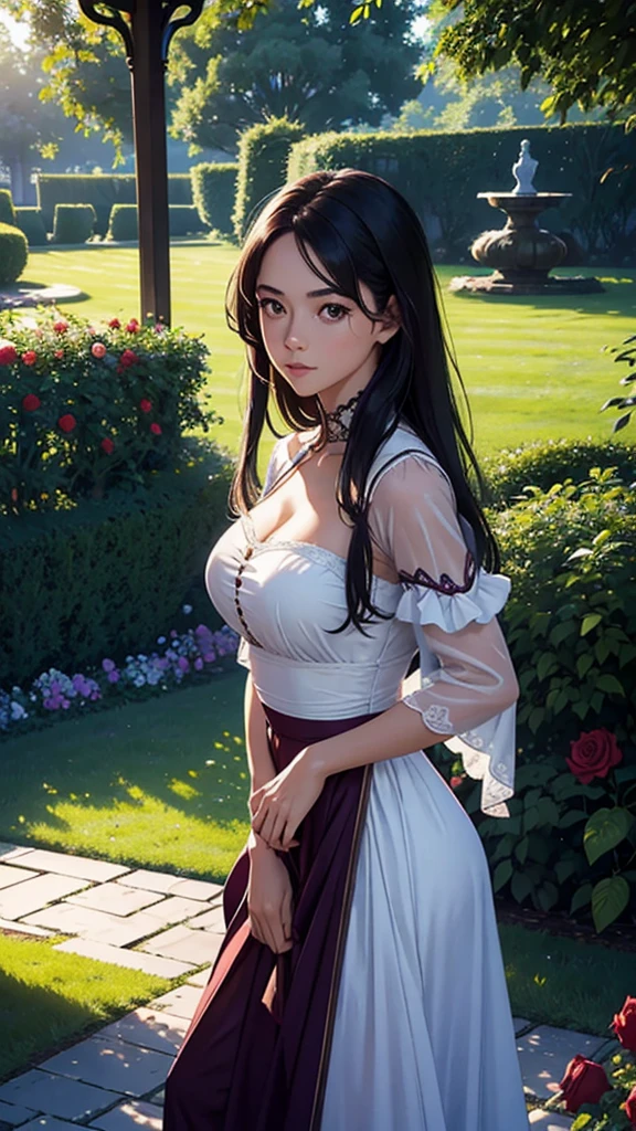 Beautiful peasant gardener, growing red roses; Wearing a beautiful dress from the 1800s, Your hair is curly; Your skin is white; His cheeks are flushed, has a beautiful spontaneous smile on his face; Her hair is light brown; in the scene there is a beautiful garden with bright colors behind it, epic details on the face, has a beautiful and angelic face ultra detailed UHD