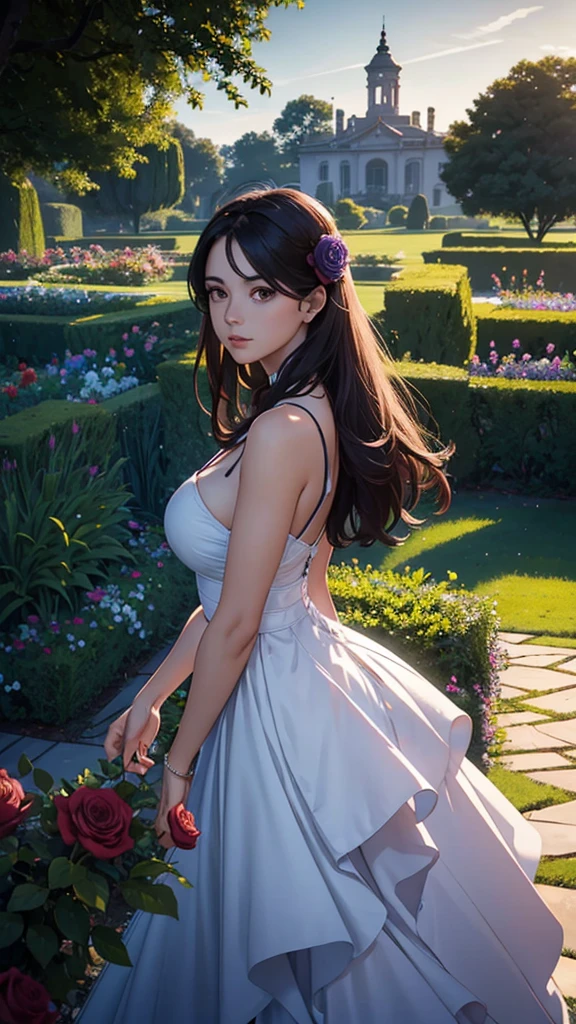 Capture Lorena standing in the center of a lush garden at sunset, holding a deep purple rose. Use a wide shot to showcase the garden and palace in the background. Employ a close-up to highlight her expressive eyes, and an over-the-shoulder shot to show her introspective gaze towards the ocean. Use low and high angles to emphasize her regal presence and the vastness she oversees. Incorporate a Dutch angle for a sense of timelessness and a tracking shot to depict her graceful movement through the garden.