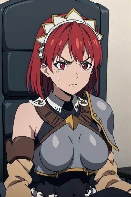 Cecily Campbell, big breasts, armor, breastplate, red hair, red eyes, 1girl, solo, upper body, angry facial expression, shocked eyes, (looking down), sweat, (simple dark background), close-up, sit down, (electric chair)