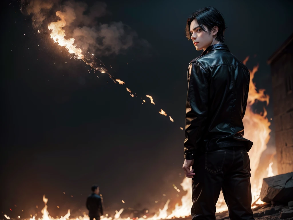 Young man with black hair and light eyes, detailed art, young man from back in black clothes scenery with fire background, and some people in the background