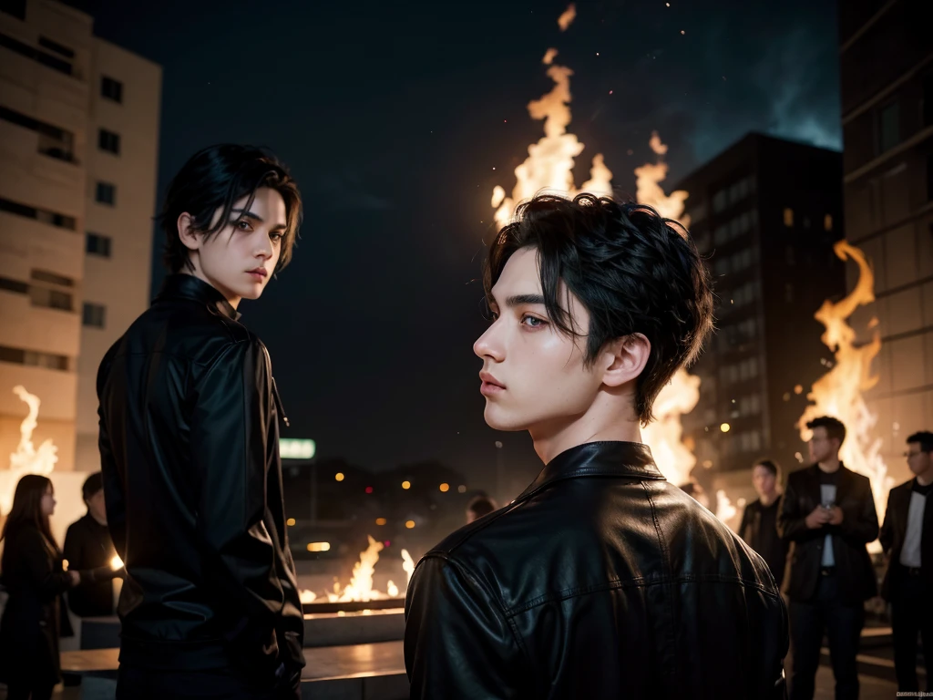 Young man with black hair and light eyes, detailed art, young man from back in black clothes scenery with fire background, and some people in the background