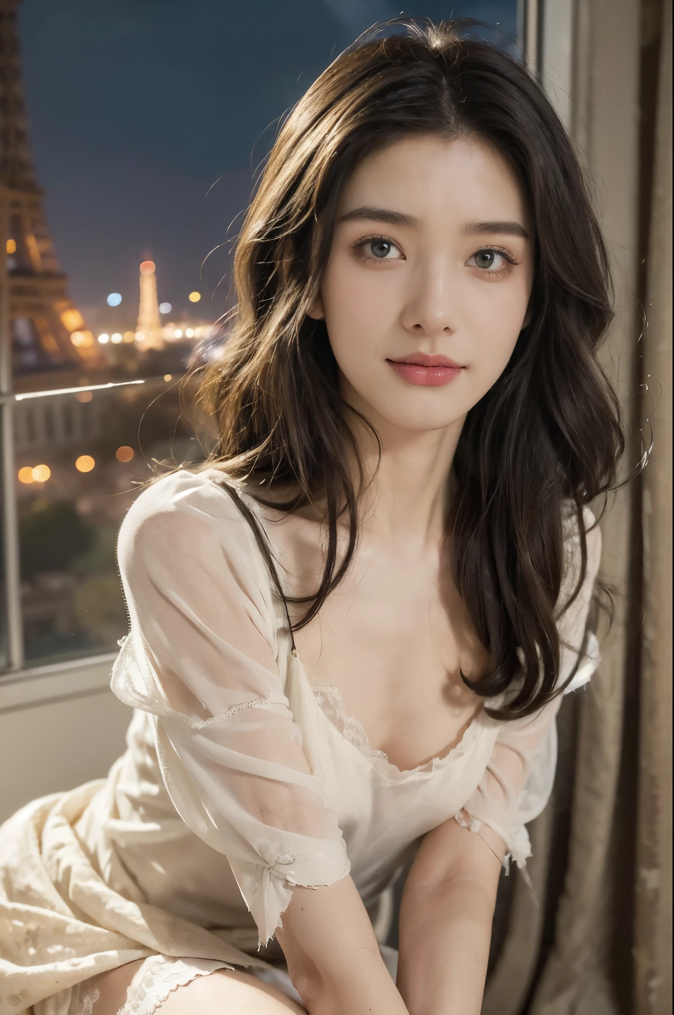 (((best quality))), (((ultra detailed))), (((masterpiece))), illustration,((a beautiful girl,solo)),(long straight bob:0.8),((slim,thin)),((small breasts,flat chest)),(torn tattered short-sleeved sheer nightgown:1.3), (delicate skin:1.2), ,(in dark dilapidated bedroom:1.3),(rundown hotel:1.3),((faded walls, peeling paint, dusty carpet)),(sitting on the rbed:1.3),((window, city view, weak lights)),(majestic Eiffel Tower:1.3),(smile:1.2), tranquility, rough surroundings, edgy beauty,detailed eyes, hidden fire, soul,(summer:1.2),(night scene:1.3),((from front,upper body))