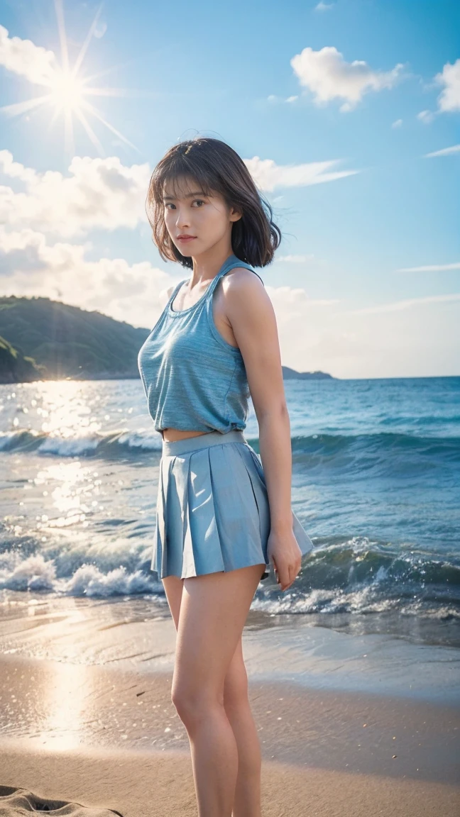 (((Top-down configuration:1.33)))、((No underwear:1.55))、(((A strong wind is blowing、Her hair and skirt are flying、Stand with your feet apart, A loose-fitting tank top:1.68、Pleated skirt)))、One Girl、Beautiful and detailed eyes and face、barefoot、20 year old cute Japan woman, ((Extremely precise and accurate anatomy:1.0)), (photo Realistic:1.4), (hyper Realistic:1.4), (最高品質のRealisticな肌の質感:1.4), (Improvement of quality:1.4), (Enhances the beauty of skin texture:1.1), Clean and glowing skin, mesh, thin:1.2, (Realistic:1.3), Realisticなライティング, (Smoother lighting:1.05), (Improving the quality of cinema lighting:0.9), Backlight, A gentle light on your face, Ray Tracing, (Bright light:1.2), 32K, One Japanese woman, fine grain, Detailed face, (Film Grain:1.1),(Accentuates body lines:1.1), High resolution, Natural look, Kind eyes, Improves hair quality, Delicate light and shadow, Transparent muscles, Graceful pose, Beautiful Eyes, Sharp details, Soft light reflection, Beautiful contours, Delicate skin tone, Fine hair texture, Natural background, sunny day、Beach、splash、Sandy Beach、Light of the sun、clear blue sea、The waves crash quietly、Blue sky and white clouds、Green Mountain々、Beautiful Nature、The joys of youth
