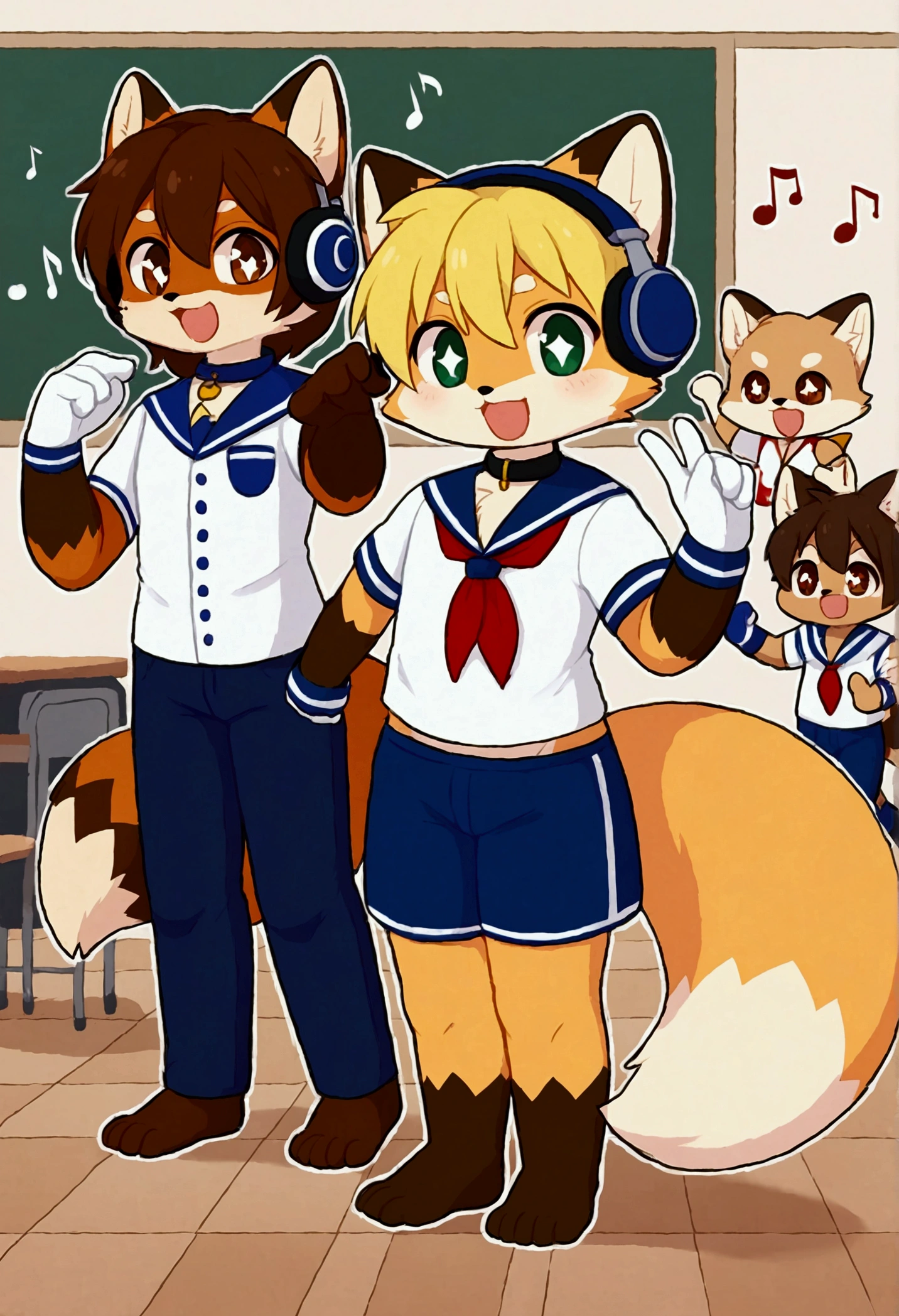3boys, fox and tanuki, furry, bodyfur, tail, collar, sailor suit, short sleeves, jersey pants, long pants, white gloves, snow gloves, barefeet, chibi, sparkling eyes, full body, classroom, idol, singing, dancing, headphones