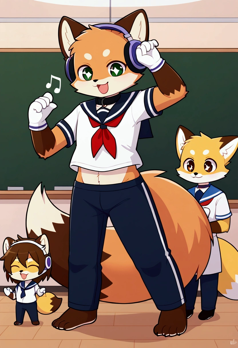 3boys, fox and tanuki, furry, bodyfur, tail, collar, sailor suit, short sleeves, jersey pants, long pants, white gloves, snow gloves, barefeet, chibi, sparkling eyes, full body, classroom, idol, singing, dancing, headphones