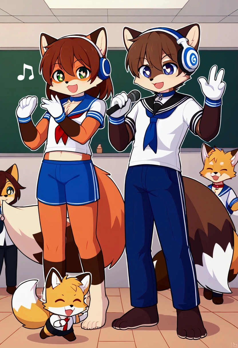3boys, fox and tanuki, furry, bodyfur, tail, collar, sailor suit, short sleeves, jersey pants, long pants, white gloves, snow gloves, barefeet, chibi, sparkling eyes, full body, classroom, idol, singing, dancing, headphones