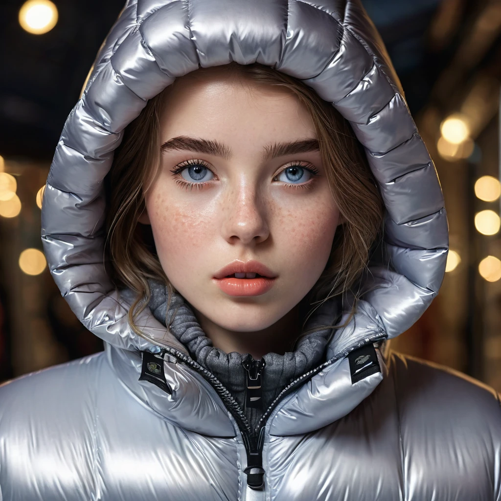 a slim 16 year old girl,beautiful detailed eyes,beautiful freckles,beautiful detailed lips,extremely detailed eyes and face,longeyelashes,in beautiful detailed zipped hooded tightfitting duvetica overfilled super gleamy thick glossy puffer jacket,latex leggings,covering puffer vest,symmetrical,standing in a pufferstore,masterpiece,cinematic,lifelike,hyperrealistic,8k,photorealistic,highly detailed,intricate,exquisite,elegant,beautiful,stunning,moon boots